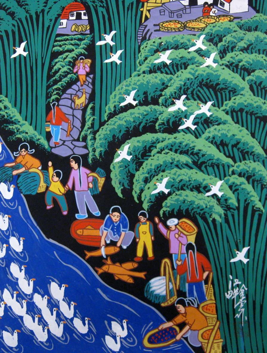 Colorful painting of a Chinese village, partially tucked into large green plants. Many people along a river, appear to be fishing. White birds fly across the image. Click to see other examples of Cultural Storytelling.